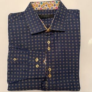 COOGI Luxe Navy Gold Patterned Cotton Men’s Dress Shirt Size XL